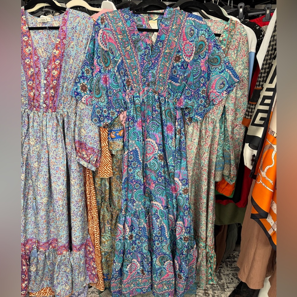 BOHO SILK BLEND DRESS Paisley Maxi Dress - Blue and Pink